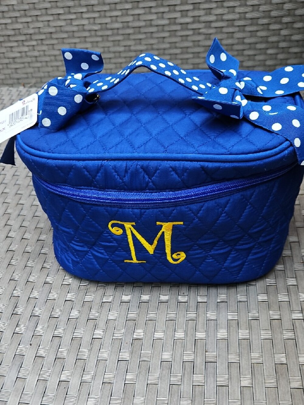 Personalized "M" Quilted Cosmetic Bag  Royal Blue  Yellow "M" Monogram Polka Dot